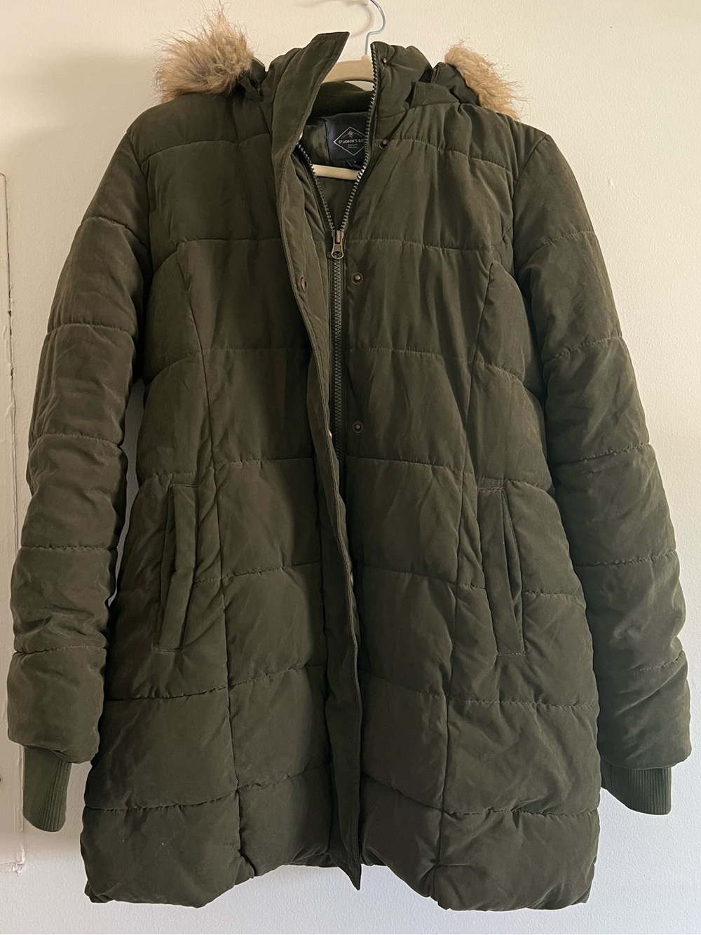 St. John's Bay Olive Green Quilted Hooded Puffer with Faux Fur Trim